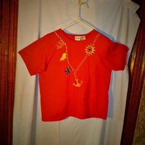 ~~~ BOBBIE BROOKS ~~~ Top ~ Large ~ "Sailing Type Design Embroidery"